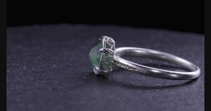 Hand-Cut Blue Green Sapphire Solitaire Ring in Sterling Silver Size 5.5 item 1047