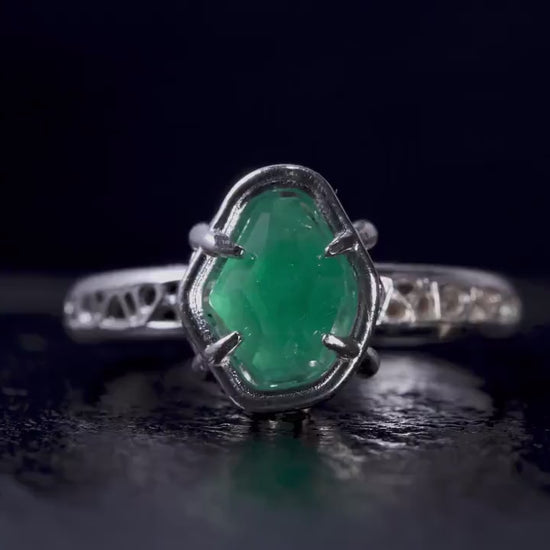 Natural Emerald Ring in Sterling Silver, Hand Cut Gemstone Ring, One of a Kind, Lattice Band, Size 6