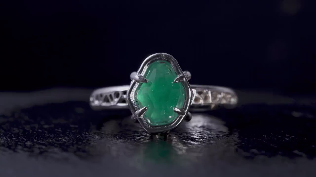 Natural Emerald Ring in Sterling Silver, Hand Cut Gemstone Ring, One of a Kind, Lattice Band, Size 6