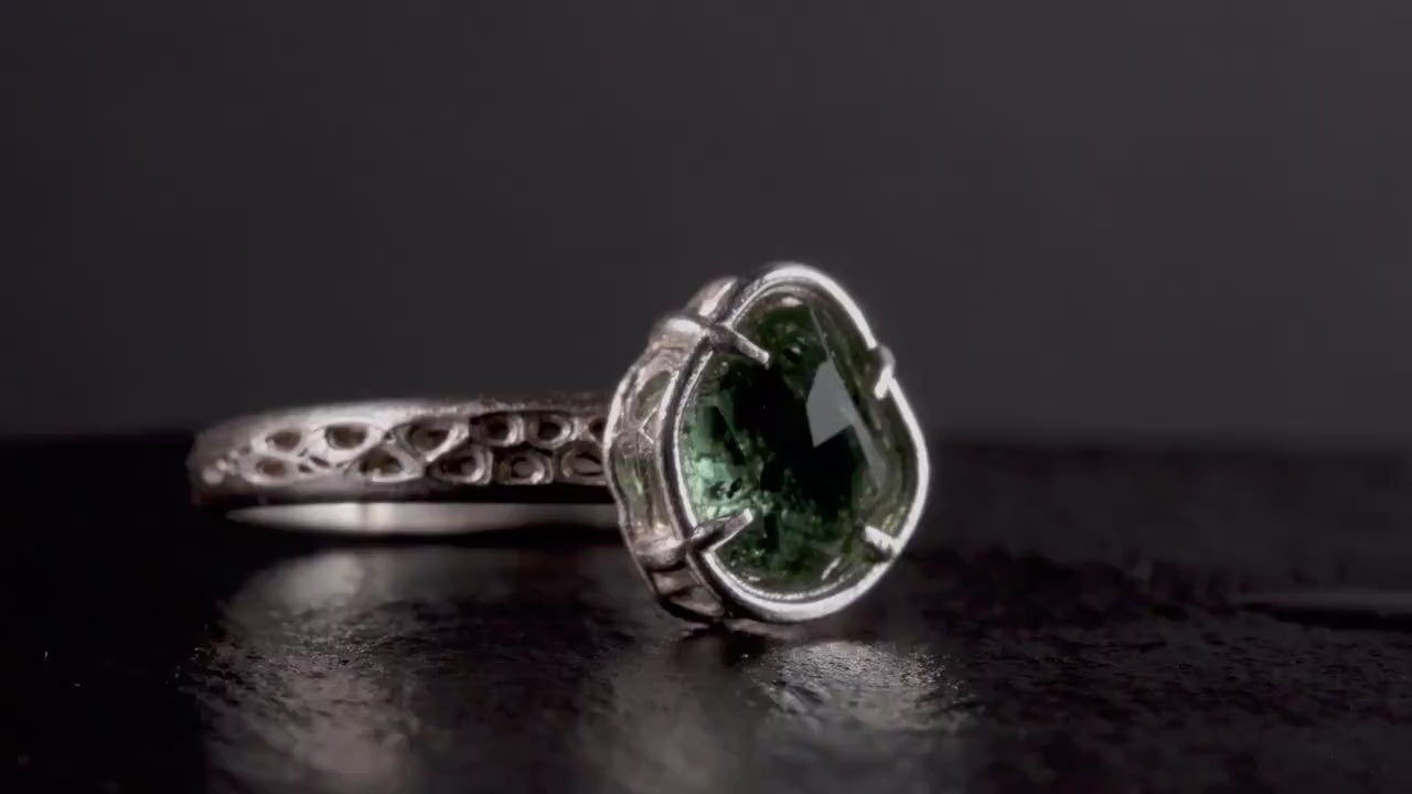 Green Montana Sapphire Ring in Sterling Silver | Hand Cut One of a Kind Gemstone Ring
