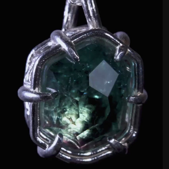 Blue Green Tourmaline Pendant, Hand Cut Stone in Sterling Silver