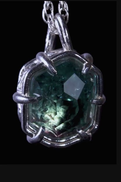 Blue Green Tourmaline Pendant, Hand Cut Stone in Sterling Silver