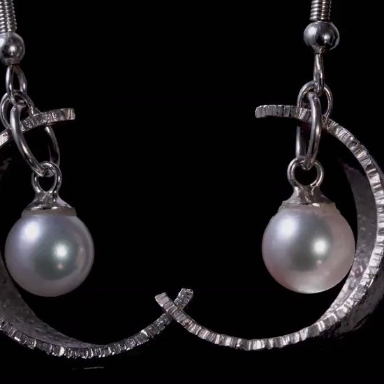 Sterling Silver Crescent Moon Pearl Earrings | 7mm Akoya Pearls | Celestial Lunar Jewelry | Handmade Moon Earrings