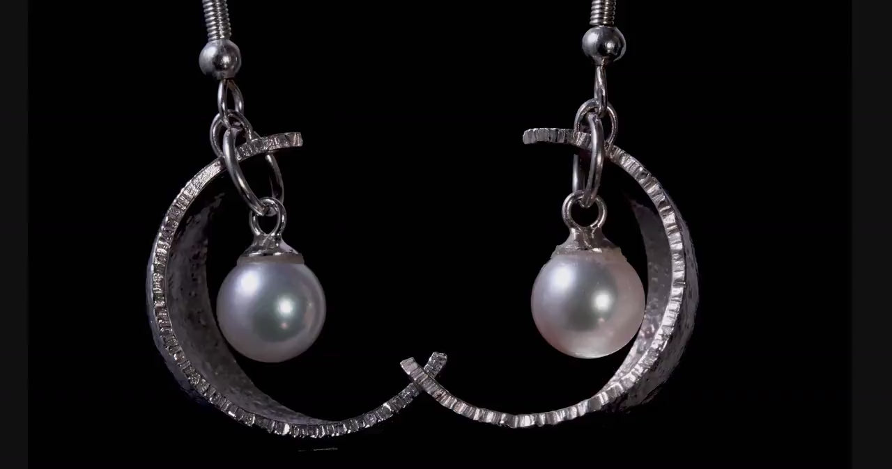 Sterling Silver Crescent Moon Pearl Earrings | 7mm Akoya Pearls | Celestial Lunar Jewelry | Handmade Moon Earrings