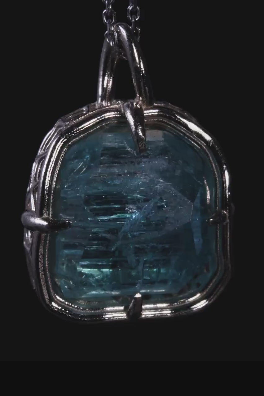Hand Cut Blue Tourmaline Pendant in 10k White Gold