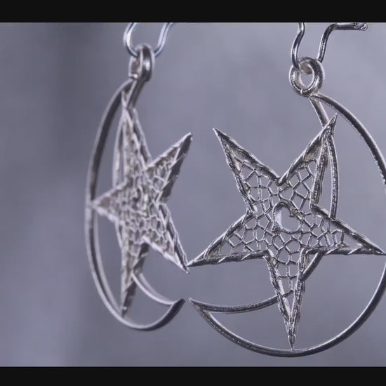 Handcrafted Sterling Silver Heart Moon Star Lattice Earrings Unique Jewelry, item 1039