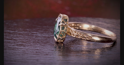 Deep Green Montana Sapphire Ring in 14k Yellow Gold, Hand-Finished Lattice, One of a Kind