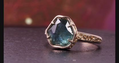 Blue Green Montana Sapphire Ring in 14k Yellow Gold, Hand-Finished Lattice, One of a Kind