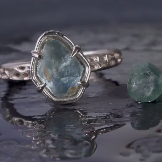 Hand Cut unheated Montana Blue Green Sapphire Ring in 14k White Gold, One of a Kind , Size 7.25