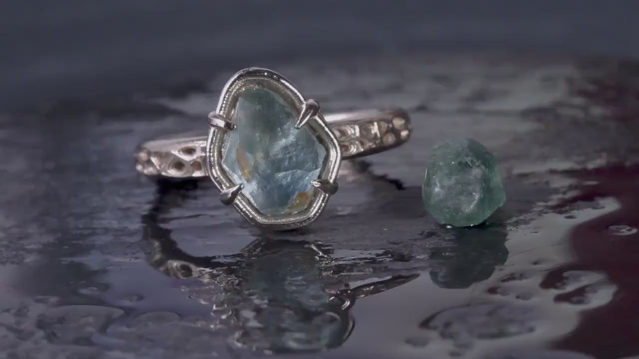 Hand Cut unheated Montana Blue Green Sapphire Ring in 14k White Gold, One of a Kind , Size 7.25