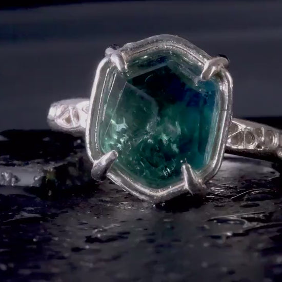 Blue Green Tourmaline Ring in Sterling Silver, Hand Cut One of a Kind Ring