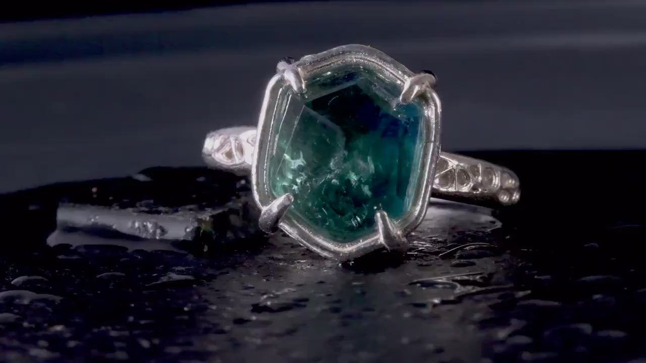 Blue Green Tourmaline Ring in Sterling Silver, Hand Cut One of a Kind Ring