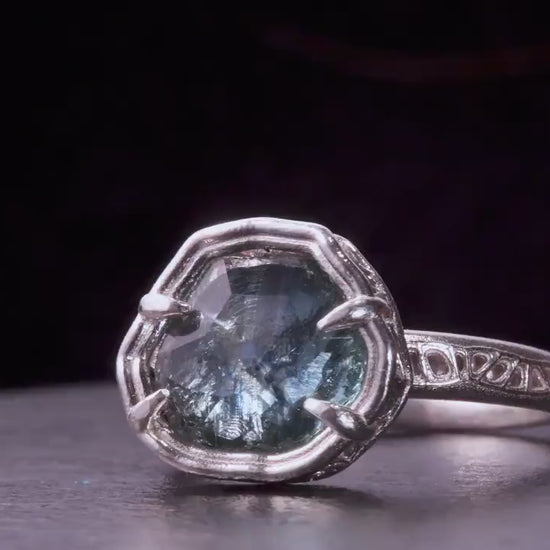 Hand Cut Montana Sapphire Ring – Blue Teal Sapphire – Sterling Silver – One of a Kind – Size 5.75