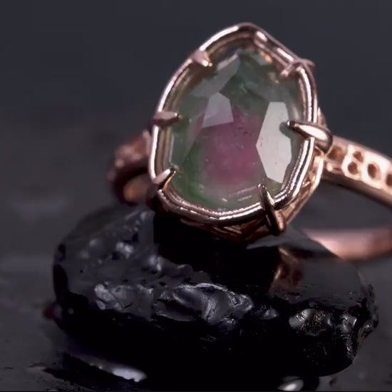 Watermelon Pink Green Tourmaline Ring in 10k Rose Gold, Hand Cut, unique Ring