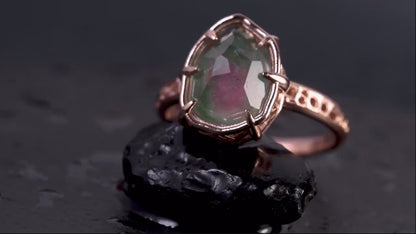 Watermelon Pink Green Tourmaline Ring in 10k Rose Gold, Hand Cut, unique Ring