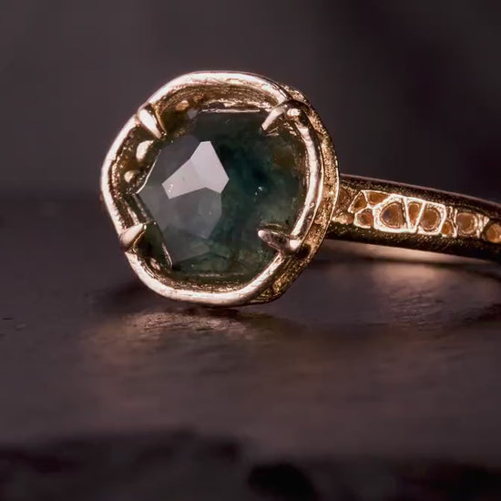 Deep Green Montana Sapphire Ring in 14k Yellow Gold, Hand-Finished Lattice, One of a Kind