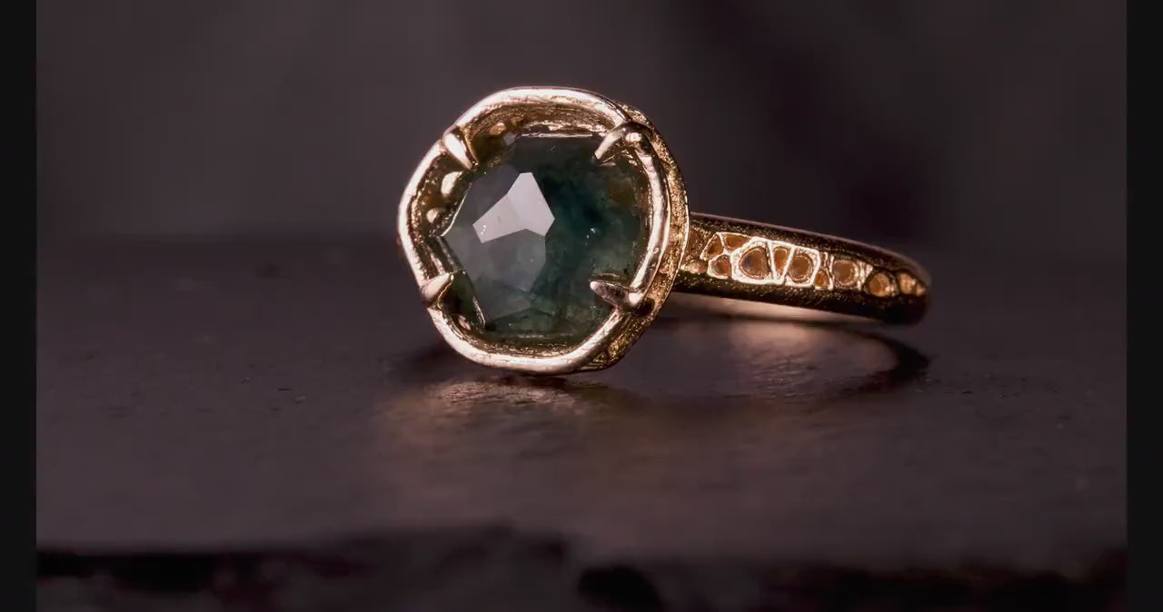 Deep Green Montana Sapphire Ring in 14k Yellow Gold, Hand-Finished Lattice, One of a Kind