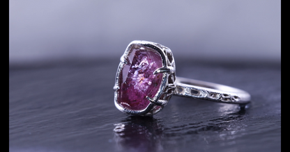 Hand Faceted Pink Sapphire Ring – Sculptural Sterling Silver Lattice Statement ring item 1050